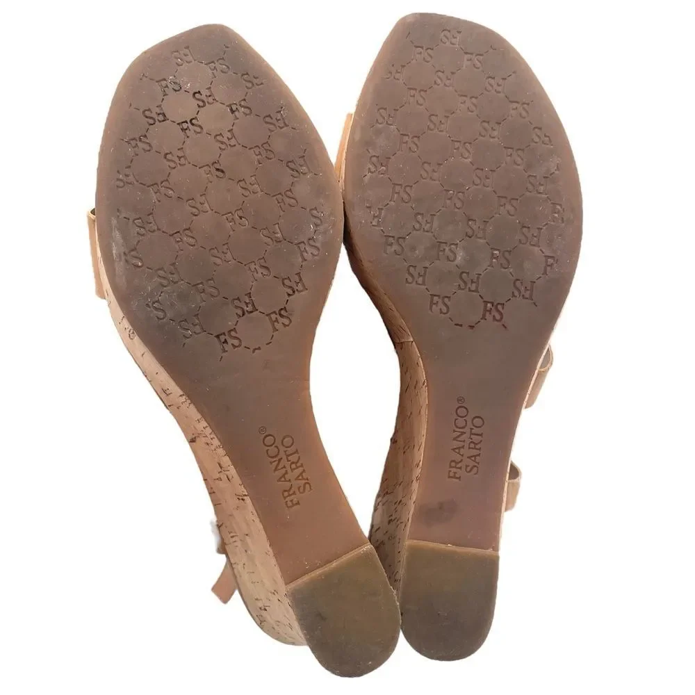 Franco Sarto Cera Tan Leather Strappy Cork Wedge Sandal Shoes Women’s Size 10
